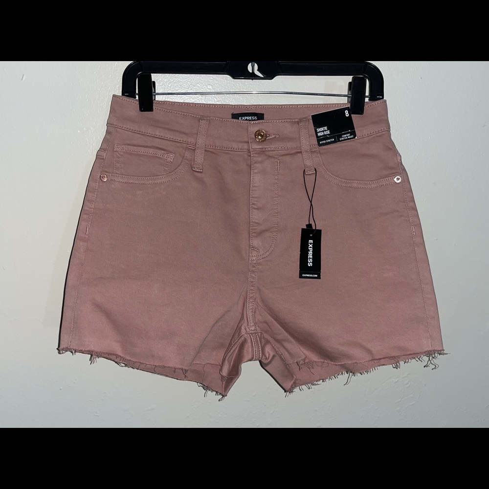 Women’s Express Denim Shorts 8 12 High Rise Shortie Hyper Stretch Mom Jeans Rose